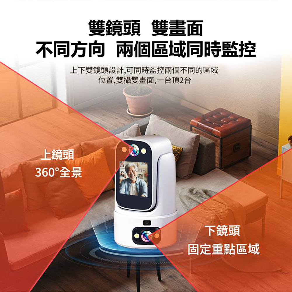 監控王M1 Ai智能守護 2K雙鏡頭雙畫面2.4吋大螢幕360度旋轉WiFi網路攝影機(一鍵呼叫 TF插卡)